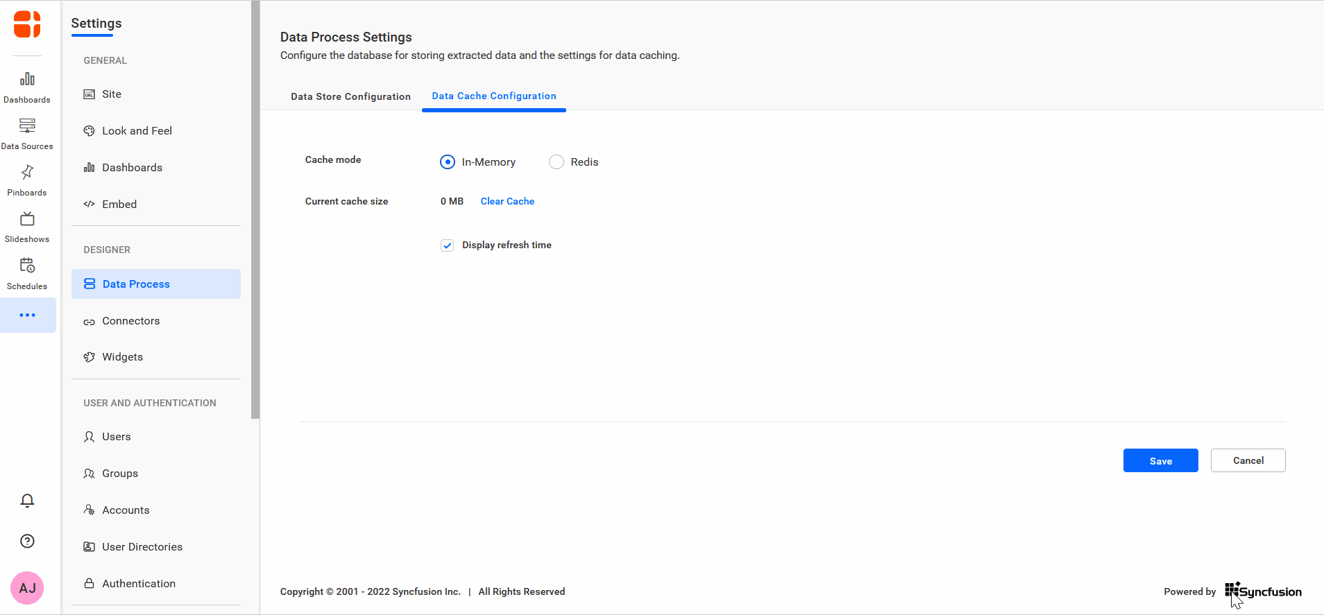 Data cache settings under the dashboard data process setting in the server