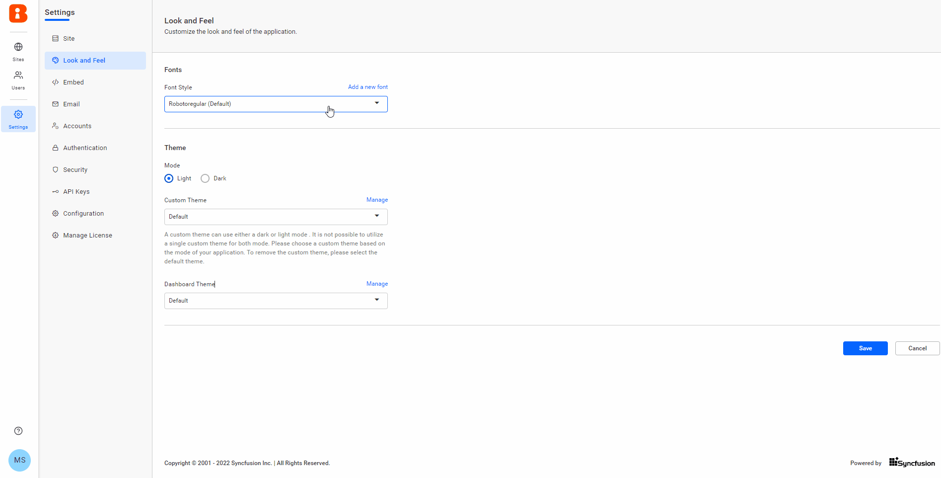 Provided support to customize Font and Theme for application and dashboard